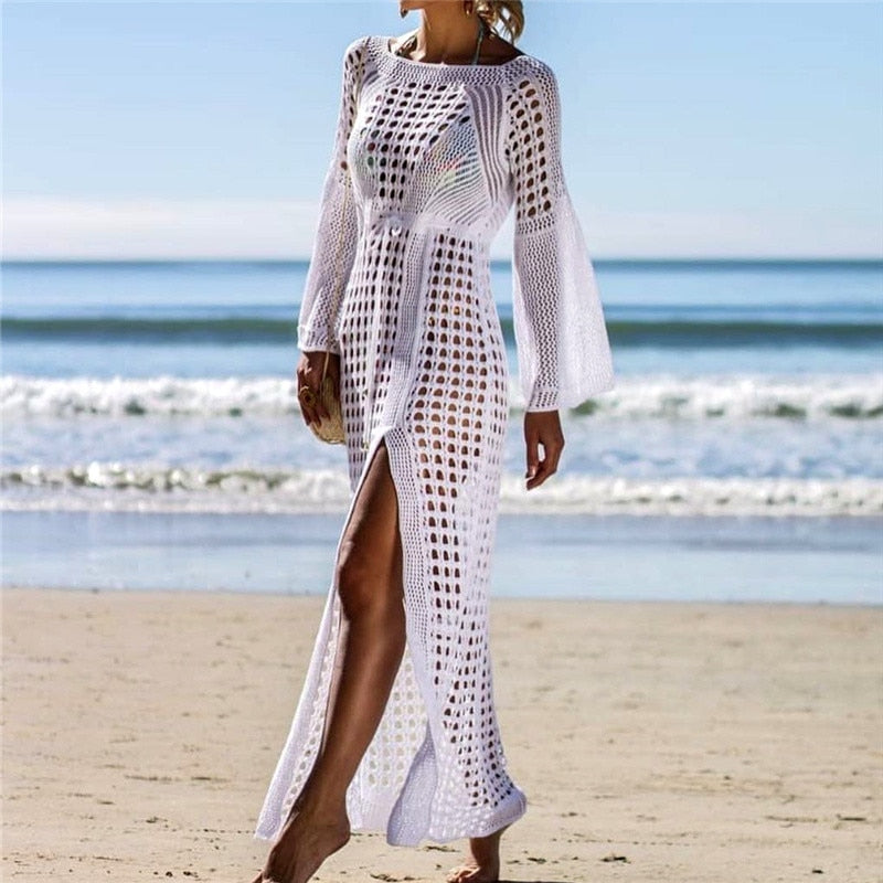 Women’s Cover-Up Dress – Soft Knit – Flowy Fit – Long Sleeve – High Slit – Boat Neck
