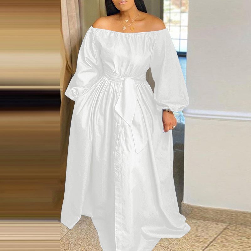 Women's Maxi Dress - Off-the-Shoulder - Long Sleeve - Button-Down with Waist Tie
