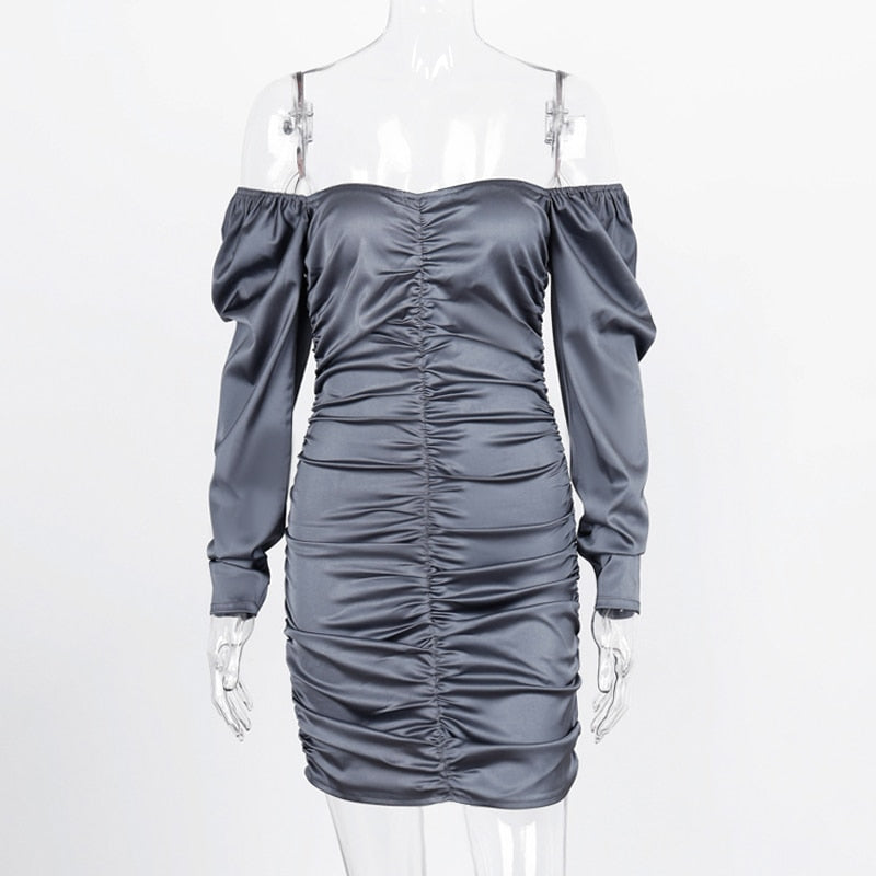 Women's Off-Shoulder Mini Dress - Long Sleeve Bodycon - Ruched Elegant Party Wear