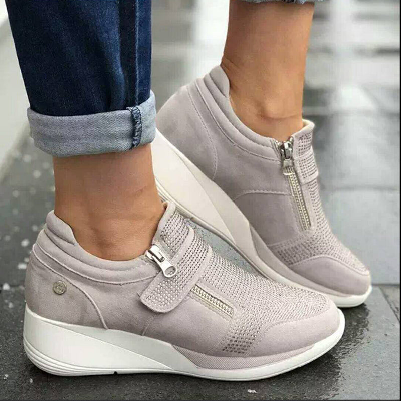 Women's Wedge Sneakers - Suede Upper - Side Zip & Velcro Strap - Casual Comfort