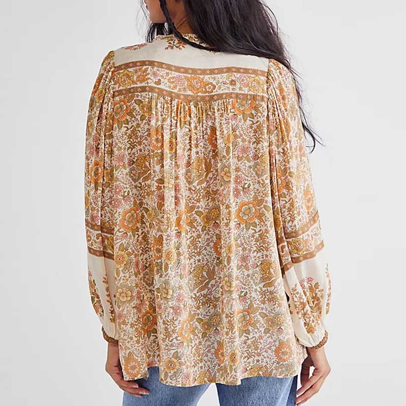 Women's Bohemian Blouse - Floral Print - Long Sleeve - Loose Fit - V-Neck Tassel Detail