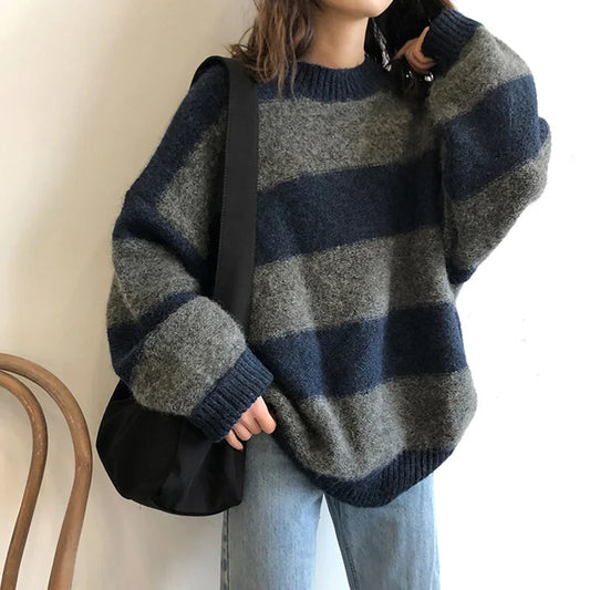 Contrast Striped Loose Knitted Casual Sweater