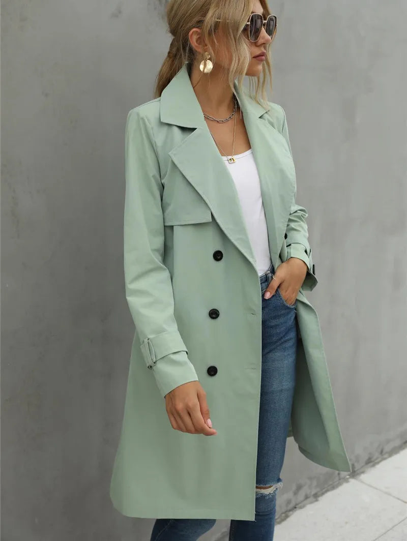 Women's casual double-breasted belted lapel neck trench coat