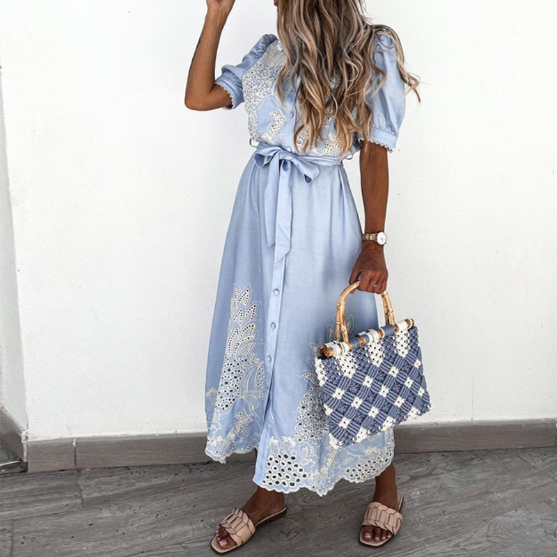 Women’s Midi Dress – Breathable Blend – Embroidered – Button-Down – Puffed Sleeve – Belted