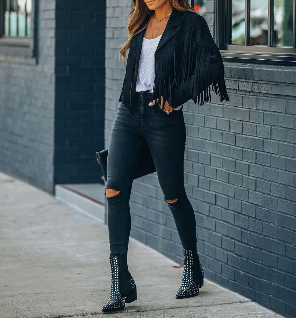 Women’s Suede Fringe Jacket - Cropped Tailored Fit - Open Front - Notched Lapel