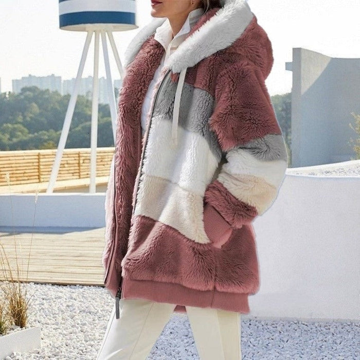 Plush Hooded Color Contrast Stripe Coat