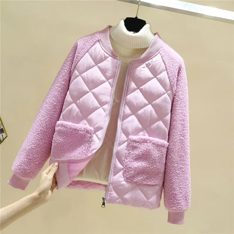 Women's Quilted Jacket - Soft Textured Sleeves - Ribbed Collar - Zip Front with Pockets