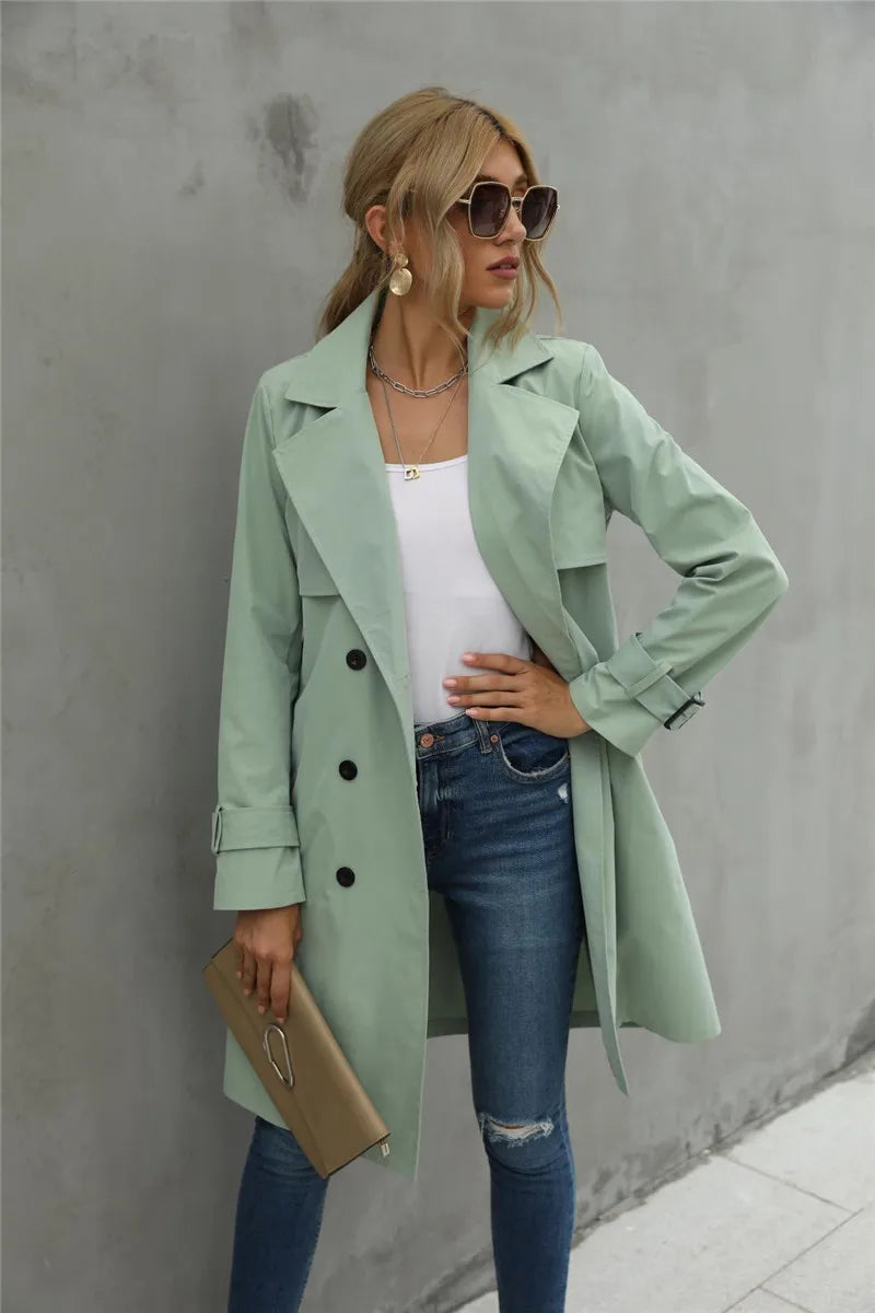 Women's casual double-breasted belted lapel neck trench coat