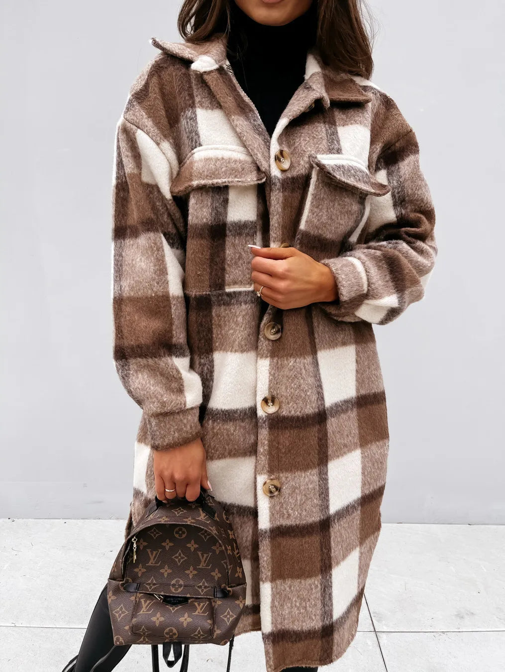 Women's plaid printed button down mid-length jacket