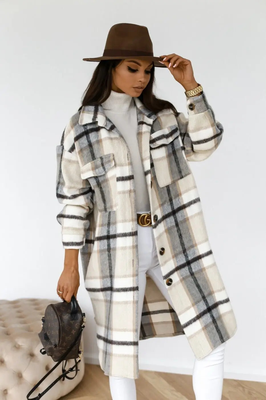 Women's plaid printed button down mid-length jacket