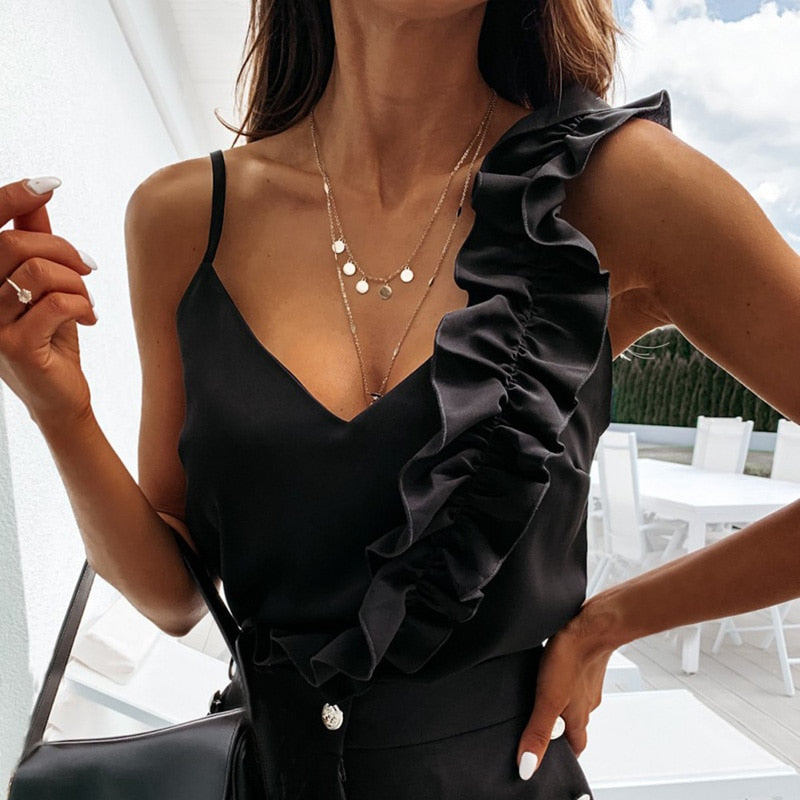 Ruffled V-Neck Flowy Sleeveless Top