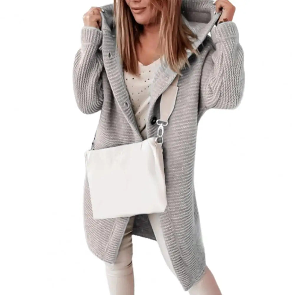 Women's casual hooded knee length cardigan with buttons