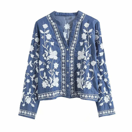 Embroidered Relaxed Fit V-Neck Blouse