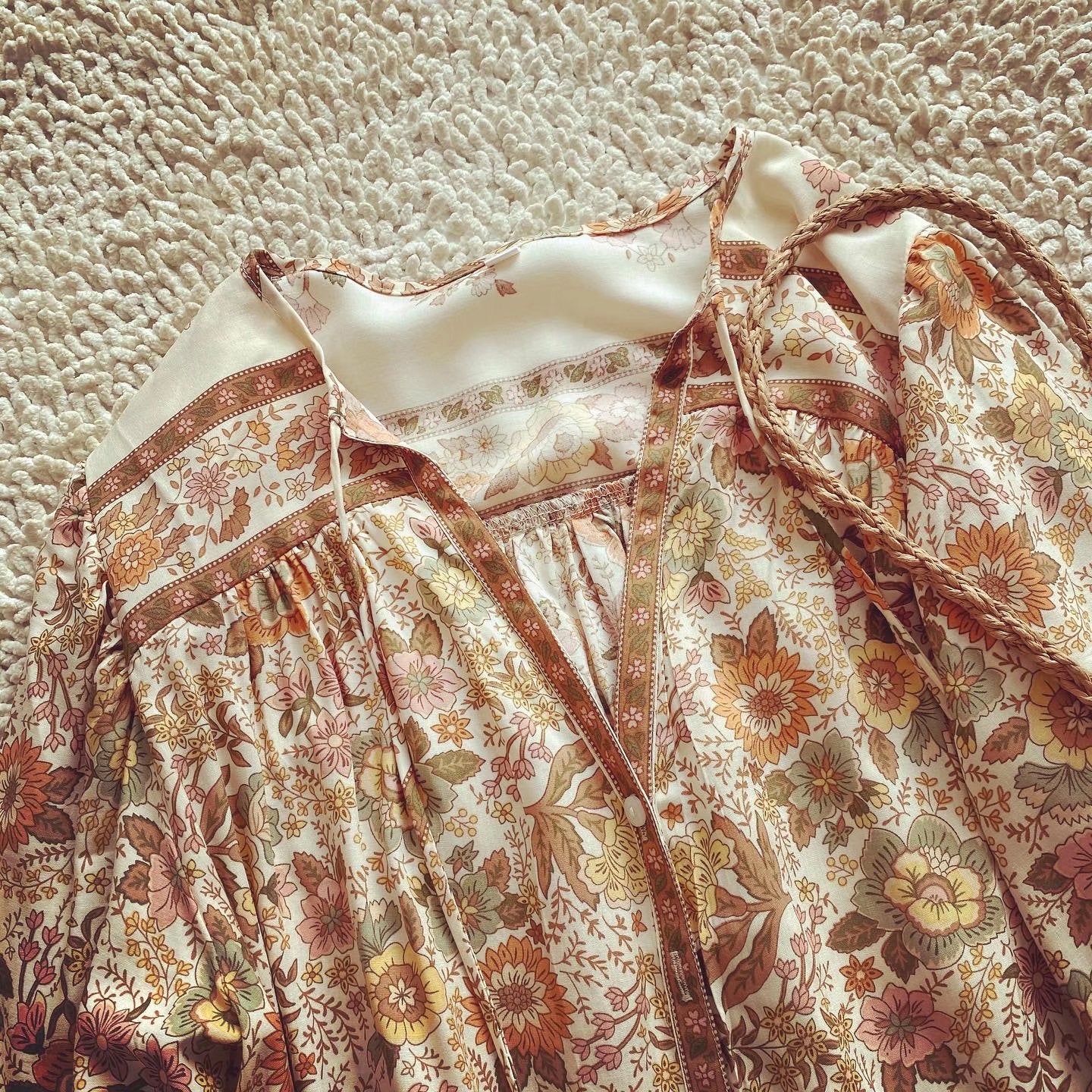 Women's Bohemian Blouse - Floral Print - Long Sleeve - Loose Fit - V-Neck Tassel Detail