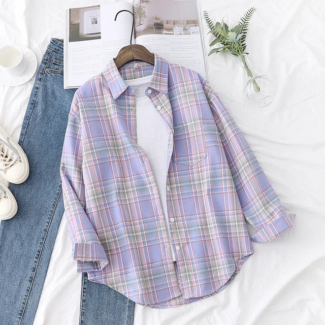 Women's plaid long sleeve loose shirt jacket