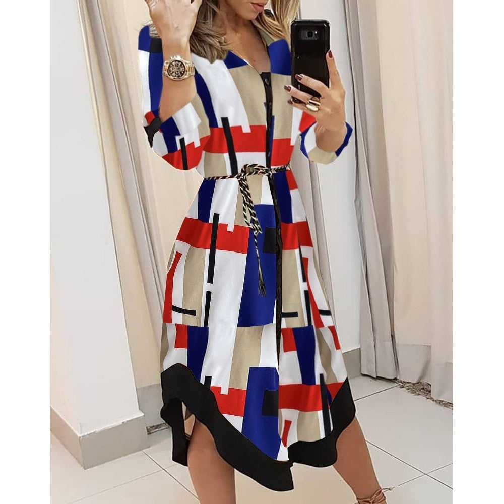 Geometric Pattern Belted Midi Dress
