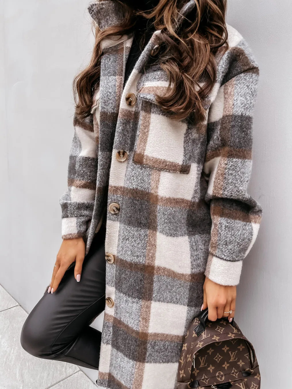 Women's plaid printed button down mid-length jacket