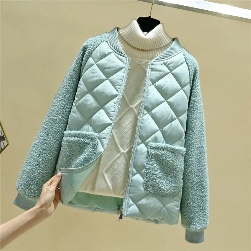 Women's Quilted Jacket - Soft Textured Sleeves - Ribbed Collar - Zip Front with Pockets