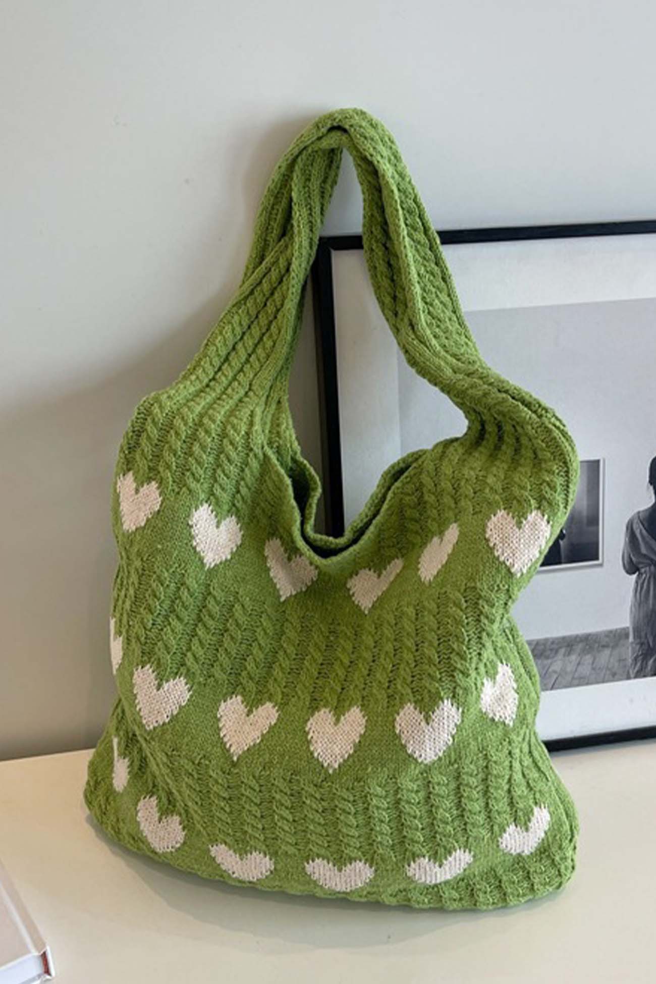Women's Knitted Tote Bag - Heart Pattern - Handmade Casual Shoulder Bag