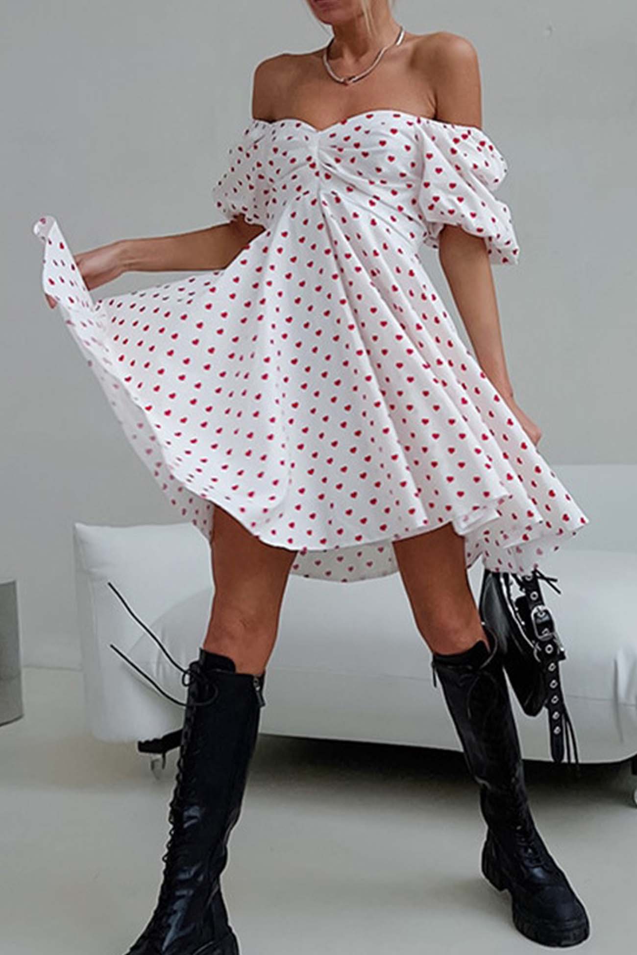 Women's Off-Shoulder Mini Dress - Sweetheart Neckline - Puff Sleeve A-Line Silhouette