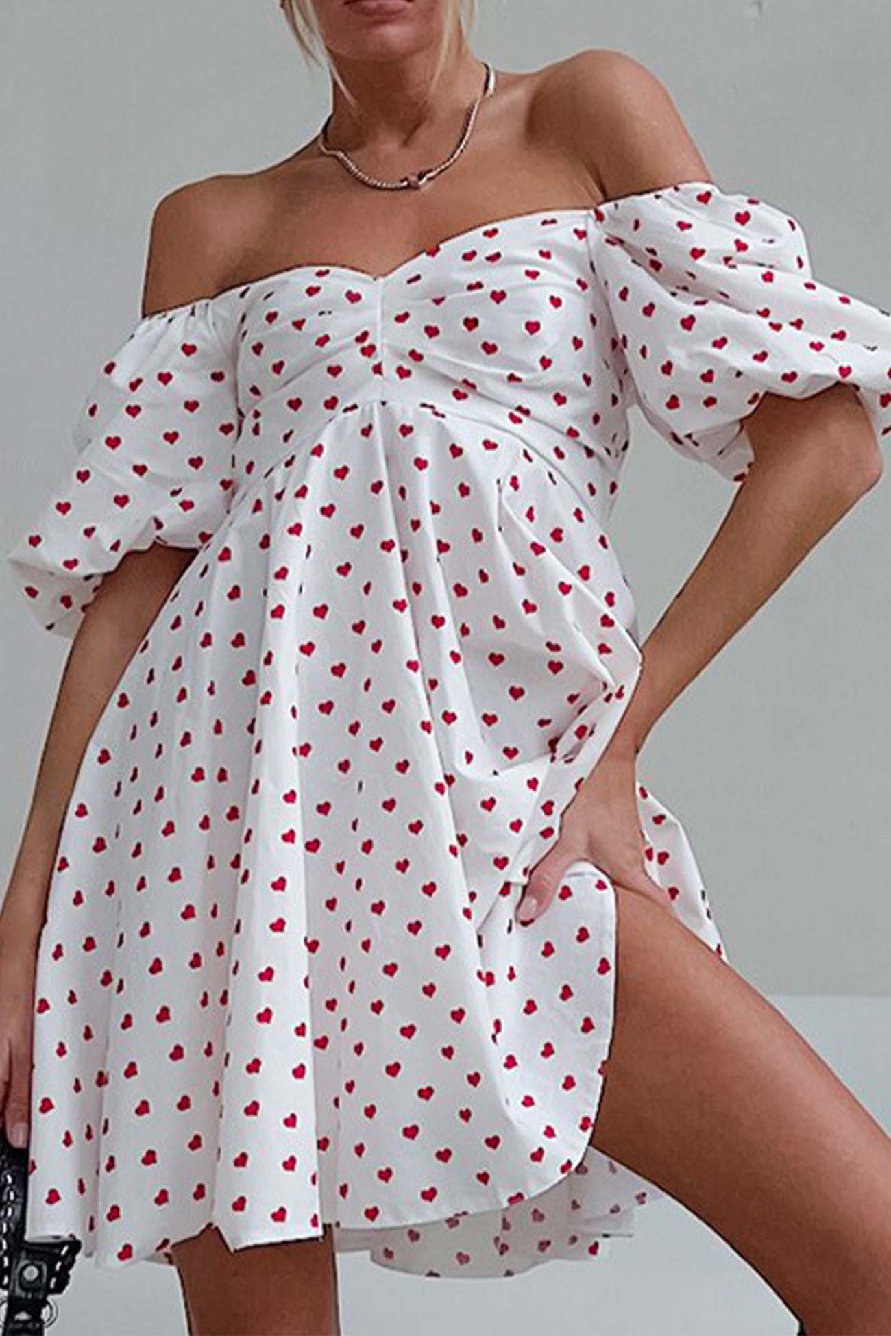 Women's Off-Shoulder Mini Dress - Sweetheart Neckline - Puff Sleeve A-Line Silhouette