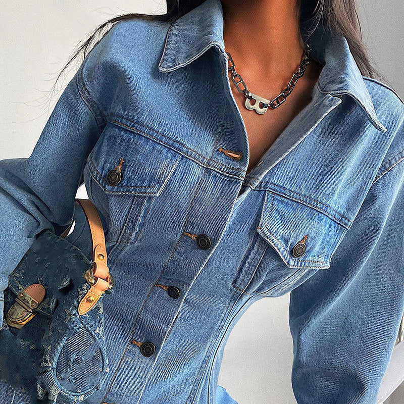 Women's Denim Shirt Dress - Button-Down - Slim Fit - Mini Length - Long Sleeve Casual