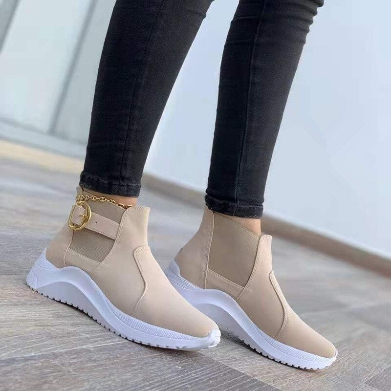 Women's Ankle Boots - Sleek Faux Leather - Platform Sole - Slip-On with Buckle Strap