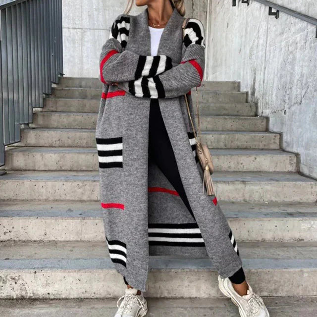 Women's striped knitted long cardigan