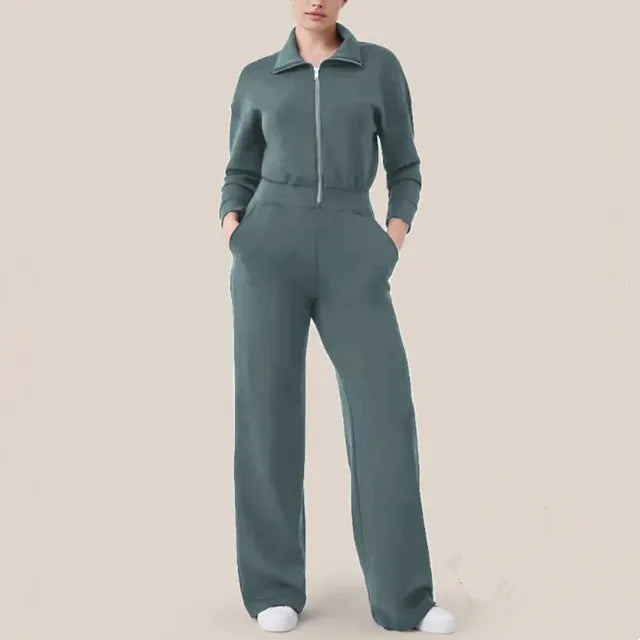 Women's Long-Sleeve Wide-Leg Jumpsuit with Zipper Closure