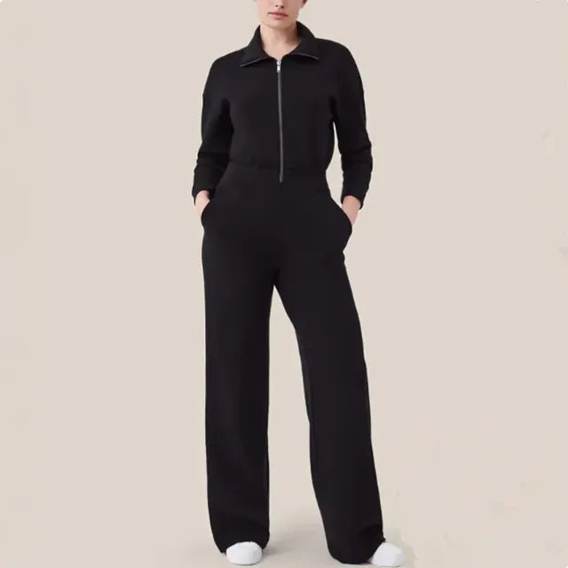 Women's long sleeve wide leg zip-up sweater jumpsuit