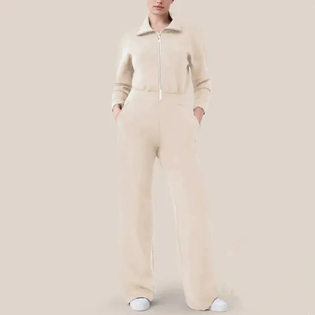 Women's long sleeve wide leg zip-up sweater jumpsuit
