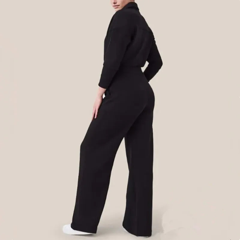 Women's long sleeve wide leg zip-up sweater jumpsuit