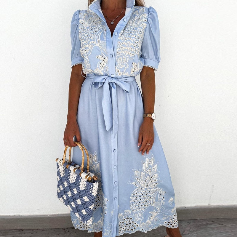 Women’s Midi Dress – Breathable Blend – Embroidered – Button-Down – Puffed Sleeve – Belted