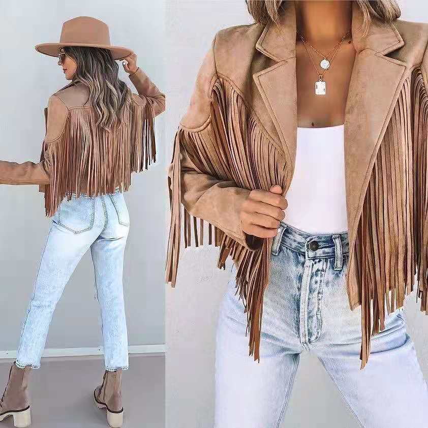 Women’s Suede Fringe Jacket - Cropped Tailored Fit - Open Front - Notched Lapel
