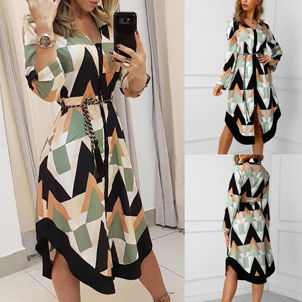 Women's Midi Dress - Geometric Pattern - V-Neck - Long Sleeve - Belted Waist