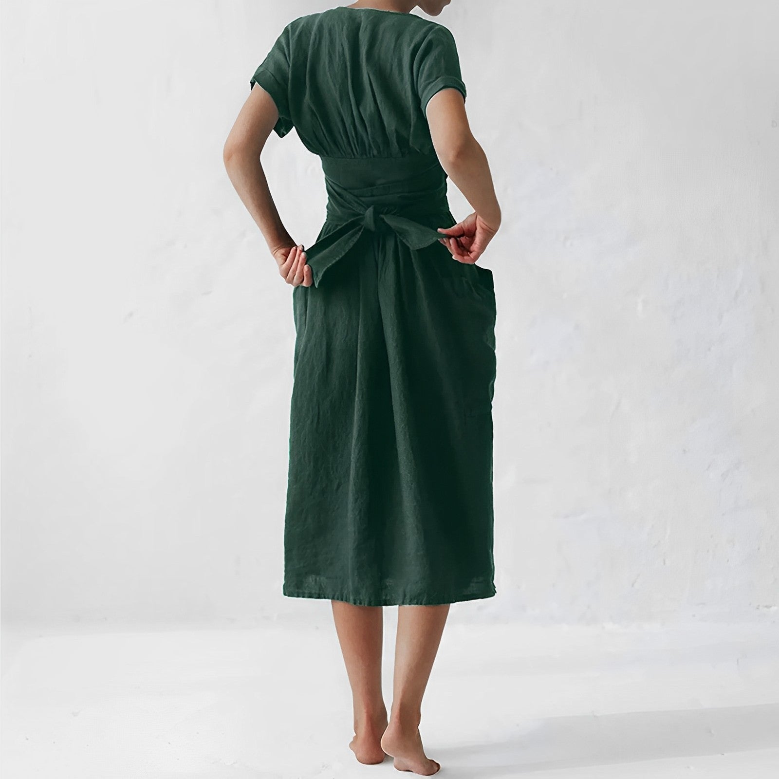 Linen Blend Pocketed V-Neck Wrap Dress