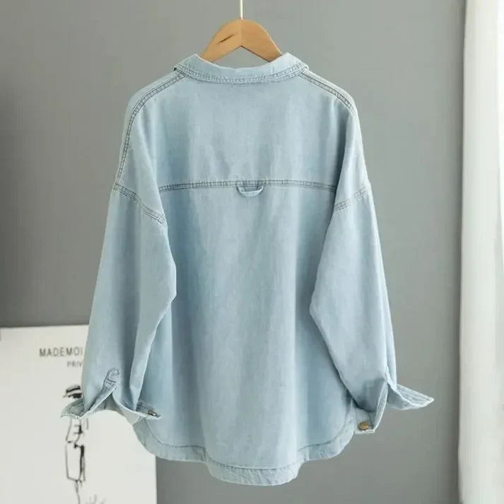 Women's Denim Shirt - Oversized Fit - Long Sleeve Button-Up with Chest Pockets
