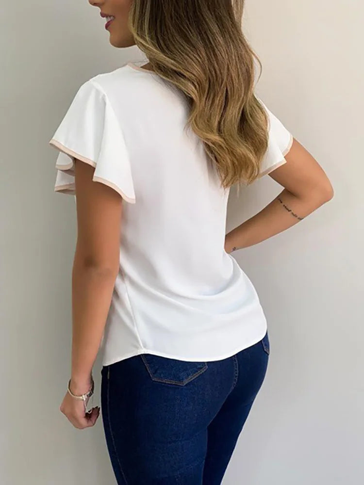 Women's Blouse - Flutter Sleeves - Lattice Neckline - Button Accent Elegant Fit