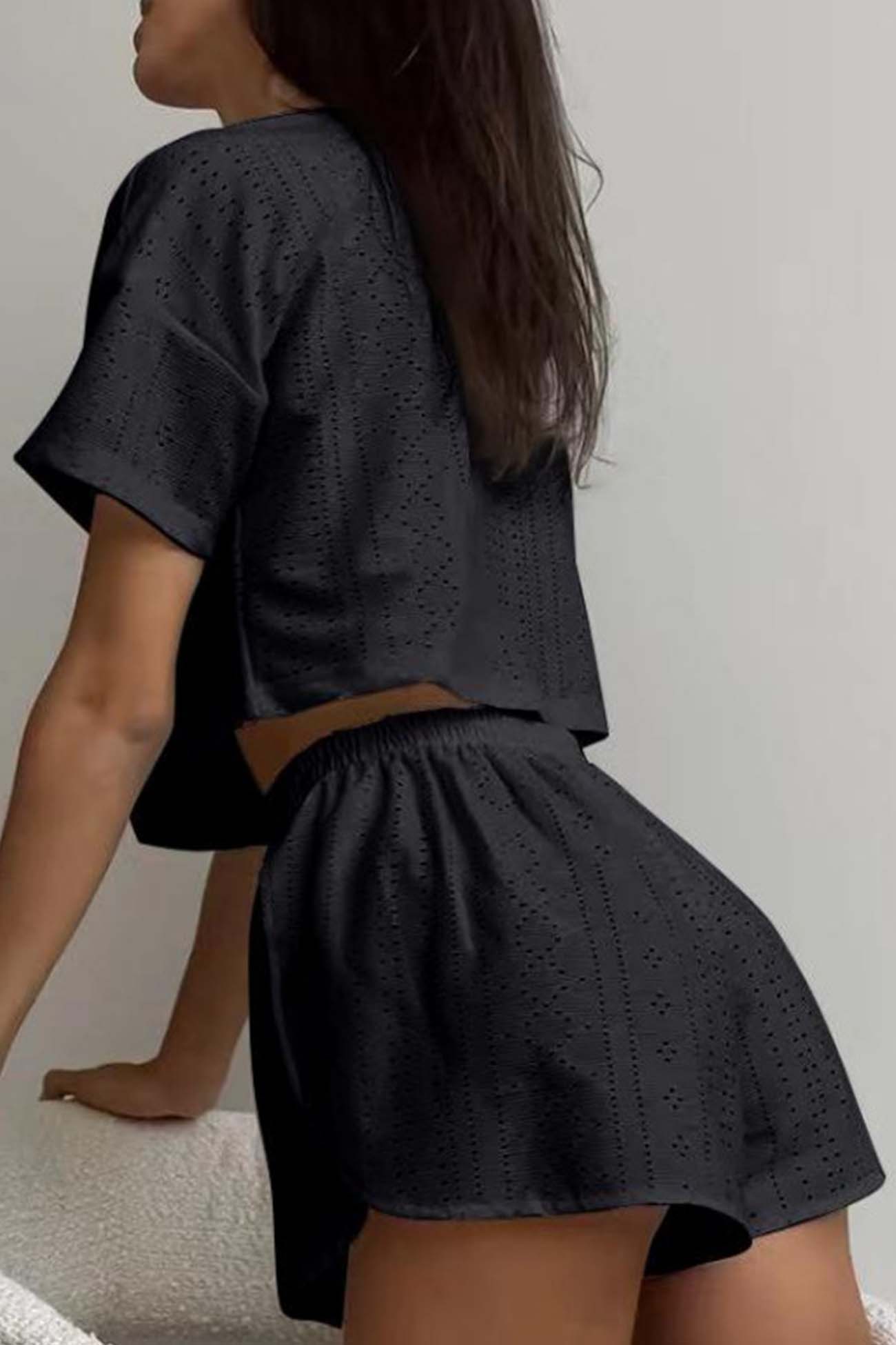 Women’s Two-Piece Set - Eyelet Crop Top & Shorts - Breathable Lightweight Casual Fit