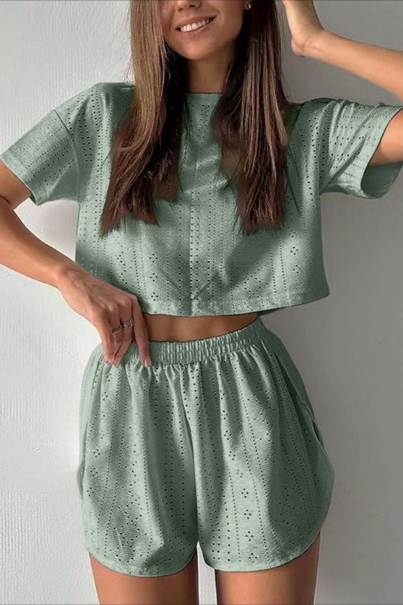 Women’s Two-Piece Set - Eyelet Crop Top & Shorts - Breathable Lightweight Casual Fit
