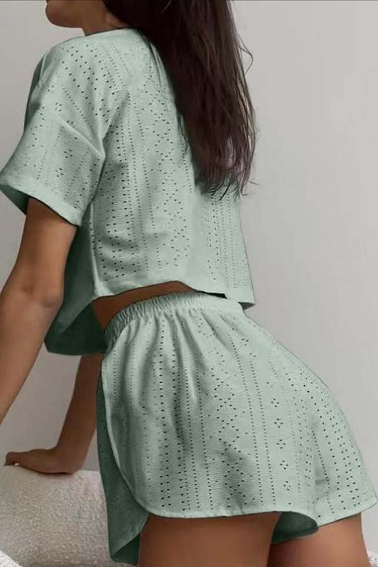 Women’s Two-Piece Set - Eyelet Crop Top & Shorts - Breathable Lightweight Casual Fit