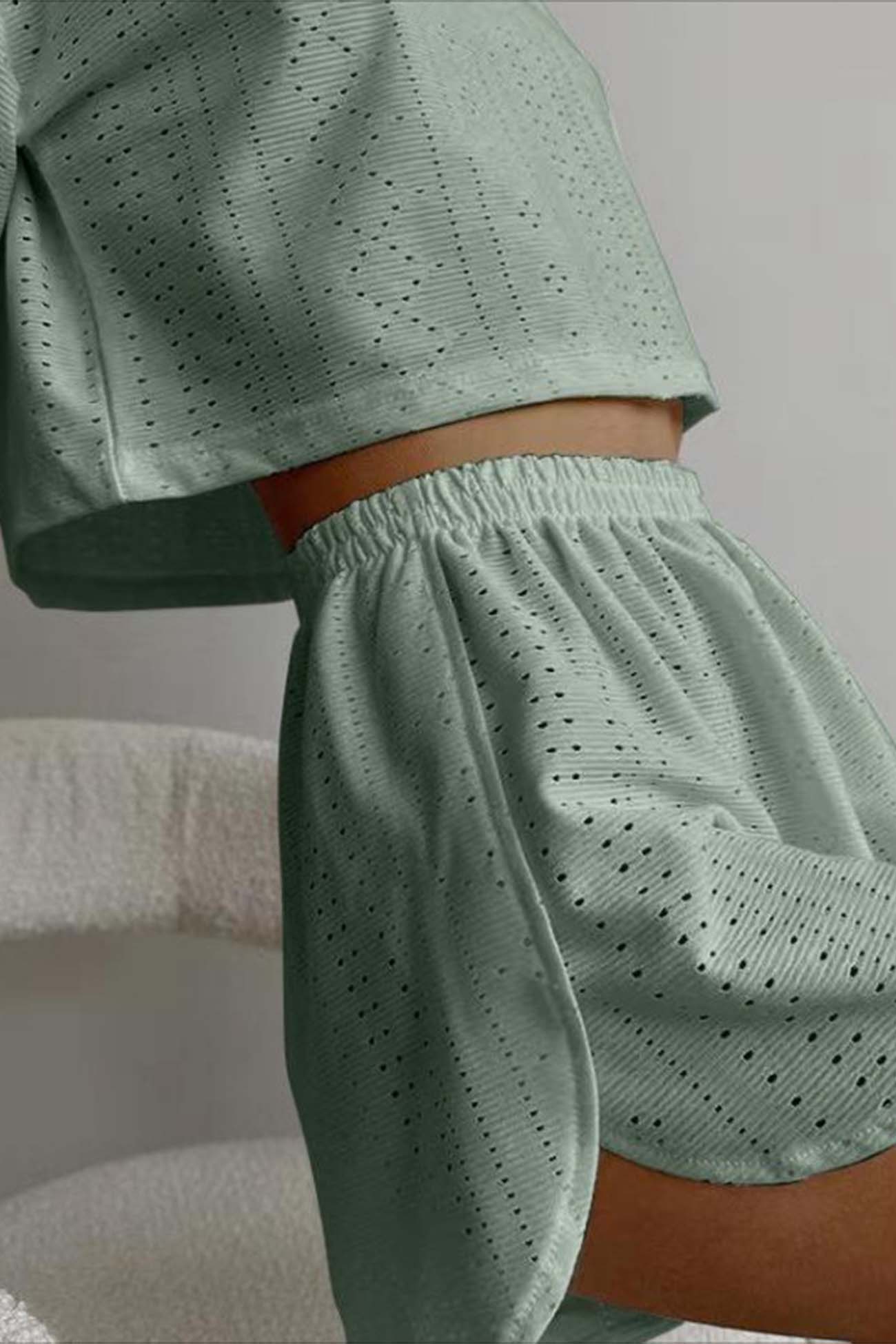 Women’s Two-Piece Set - Eyelet Crop Top & Shorts - Breathable Lightweight Casual Fit