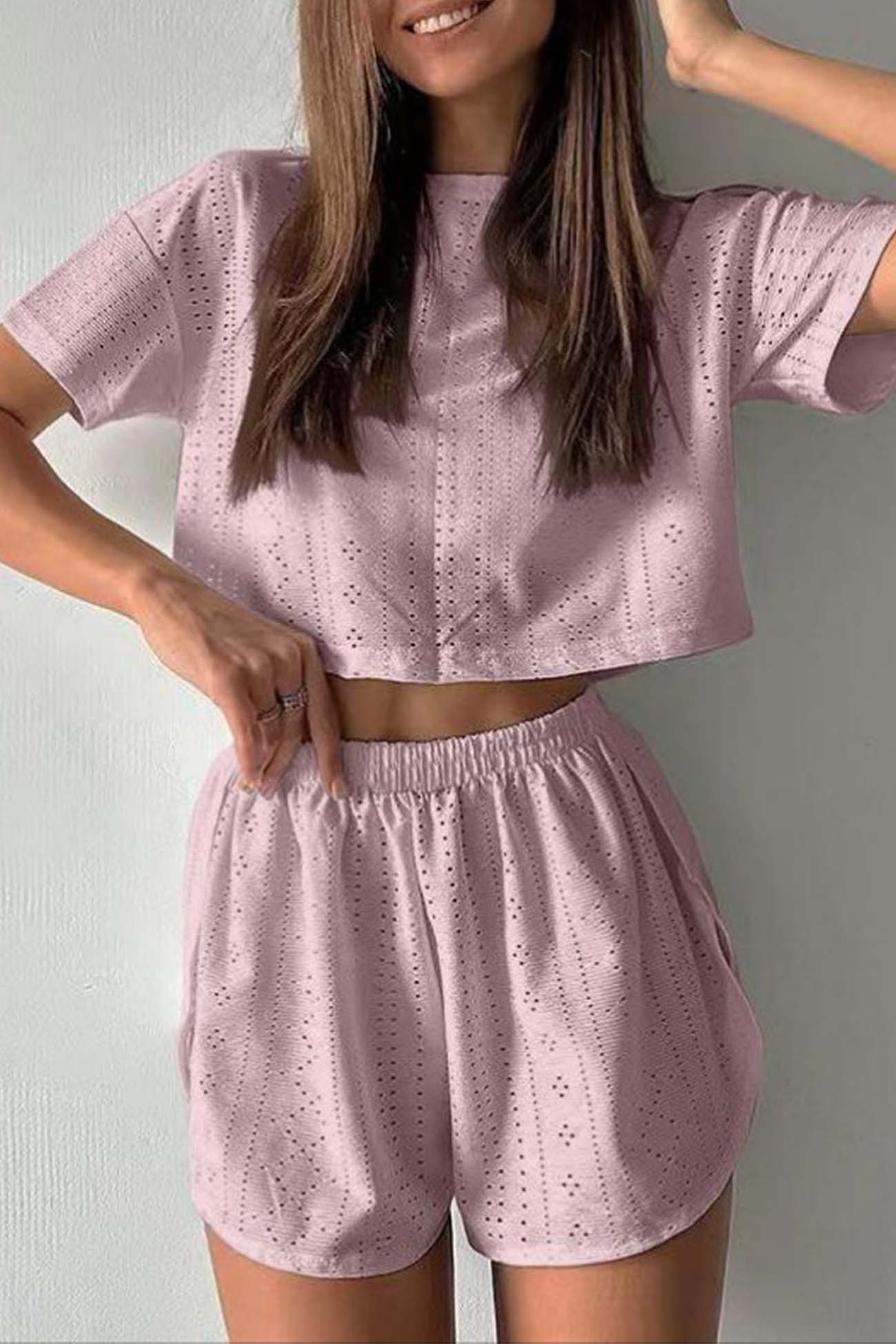 Women’s Two-Piece Set - Eyelet Crop Top & Shorts - Breathable Lightweight Casual Fit