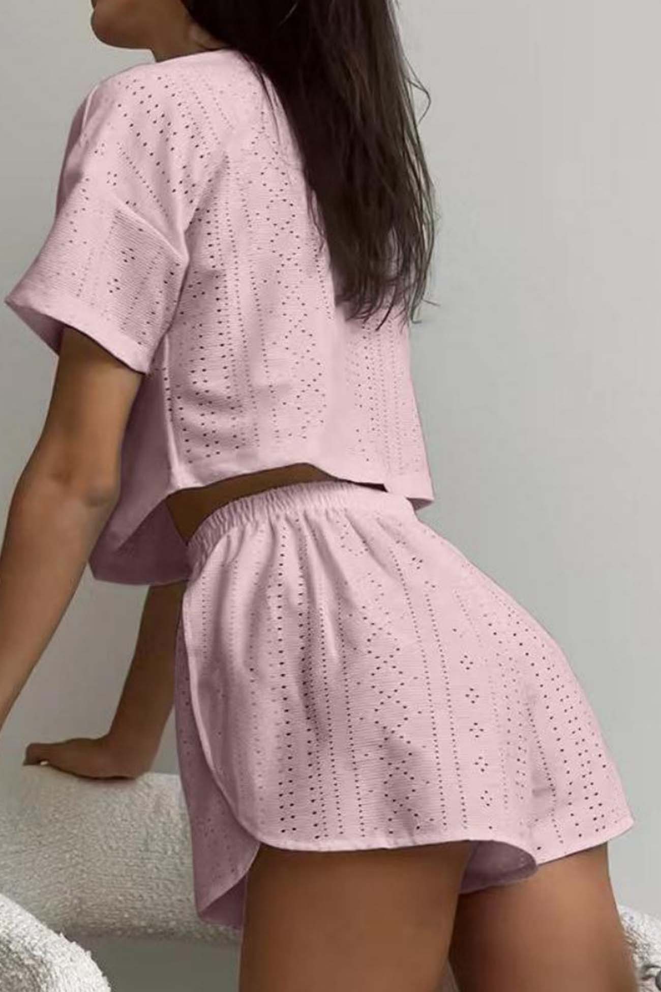 Women’s Two-Piece Set - Eyelet Crop Top & Shorts - Breathable Lightweight Casual Fit