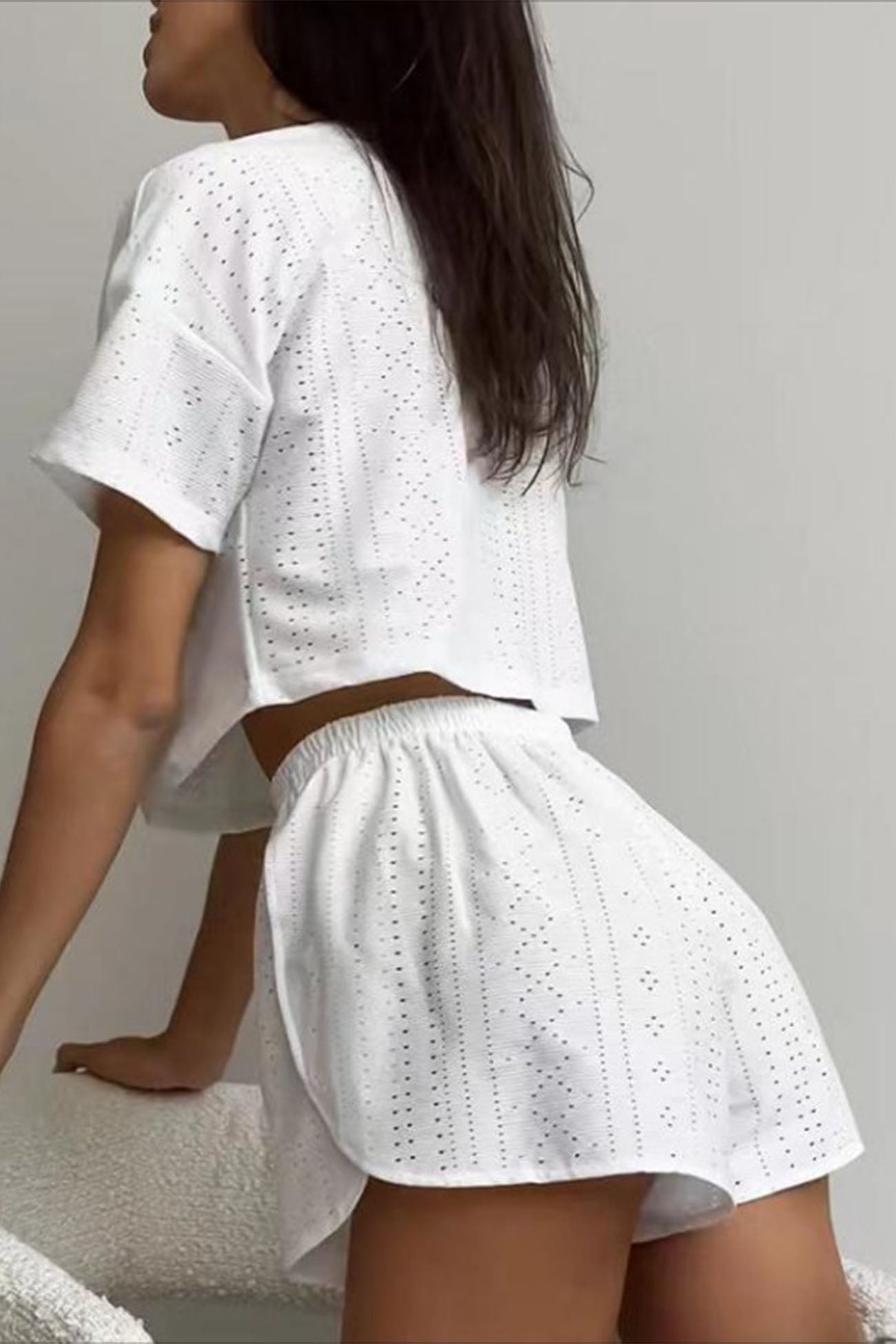 Women’s Two-Piece Set - Eyelet Crop Top & Shorts - Breathable Lightweight Casual Fit