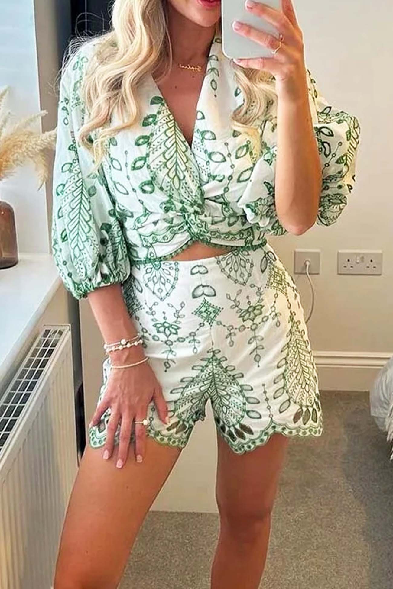 Women’s Crop Top and Shorts Set - Wrap V-Neck - Puff Sleeve - High Waist - Scalloped Hem
