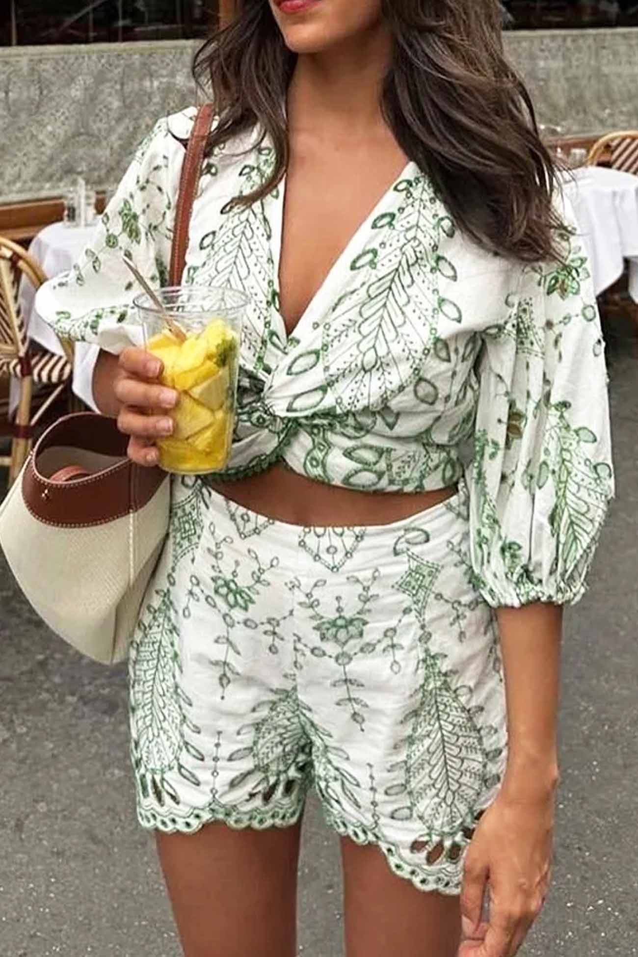 Women’s Crop Top and Shorts Set - Wrap V-Neck - Puff Sleeve - High Waist - Scalloped Hem