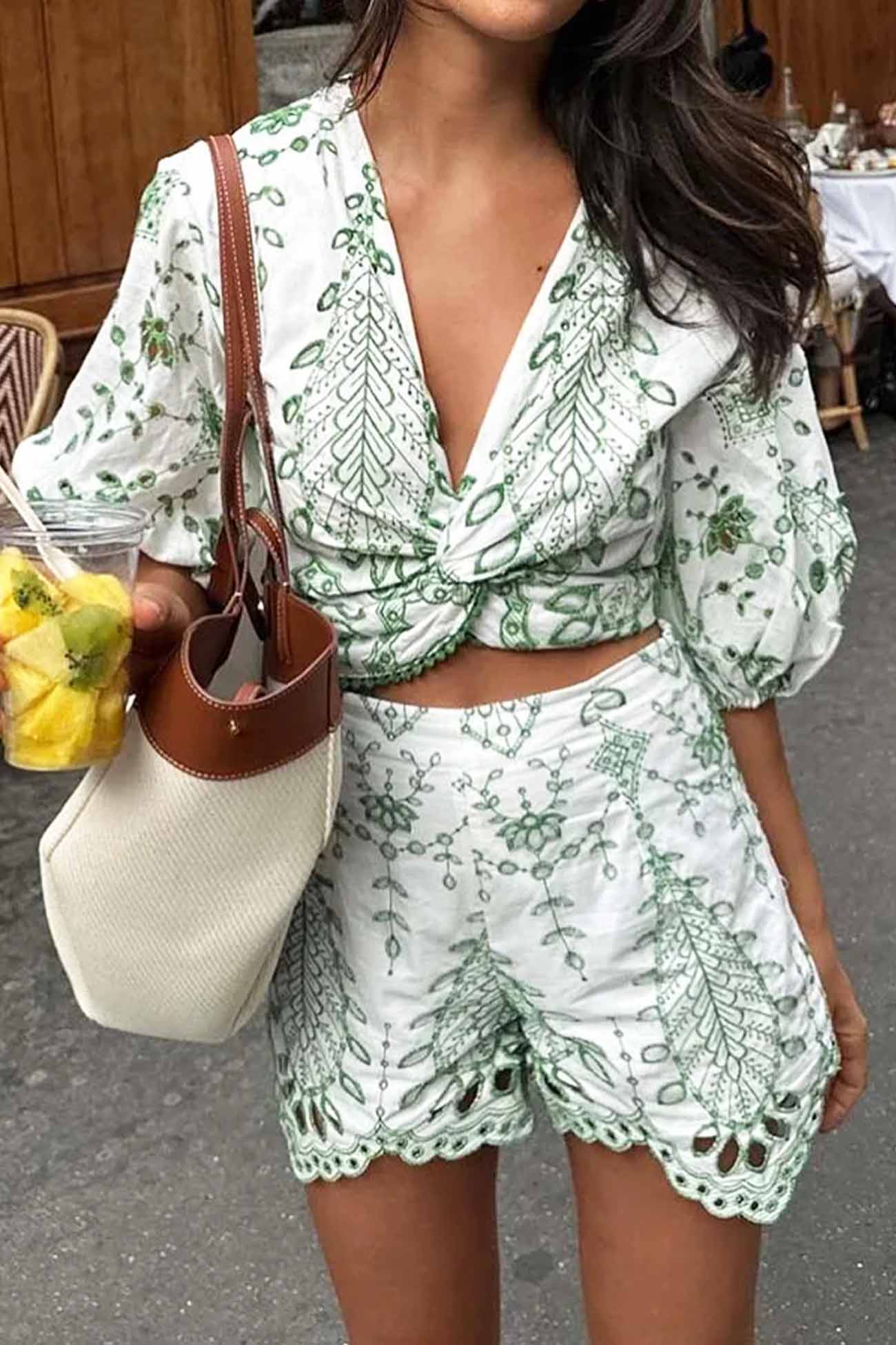 Women’s Crop Top and Shorts Set - Wrap V-Neck - Puff Sleeve - High Waist - Scalloped Hem