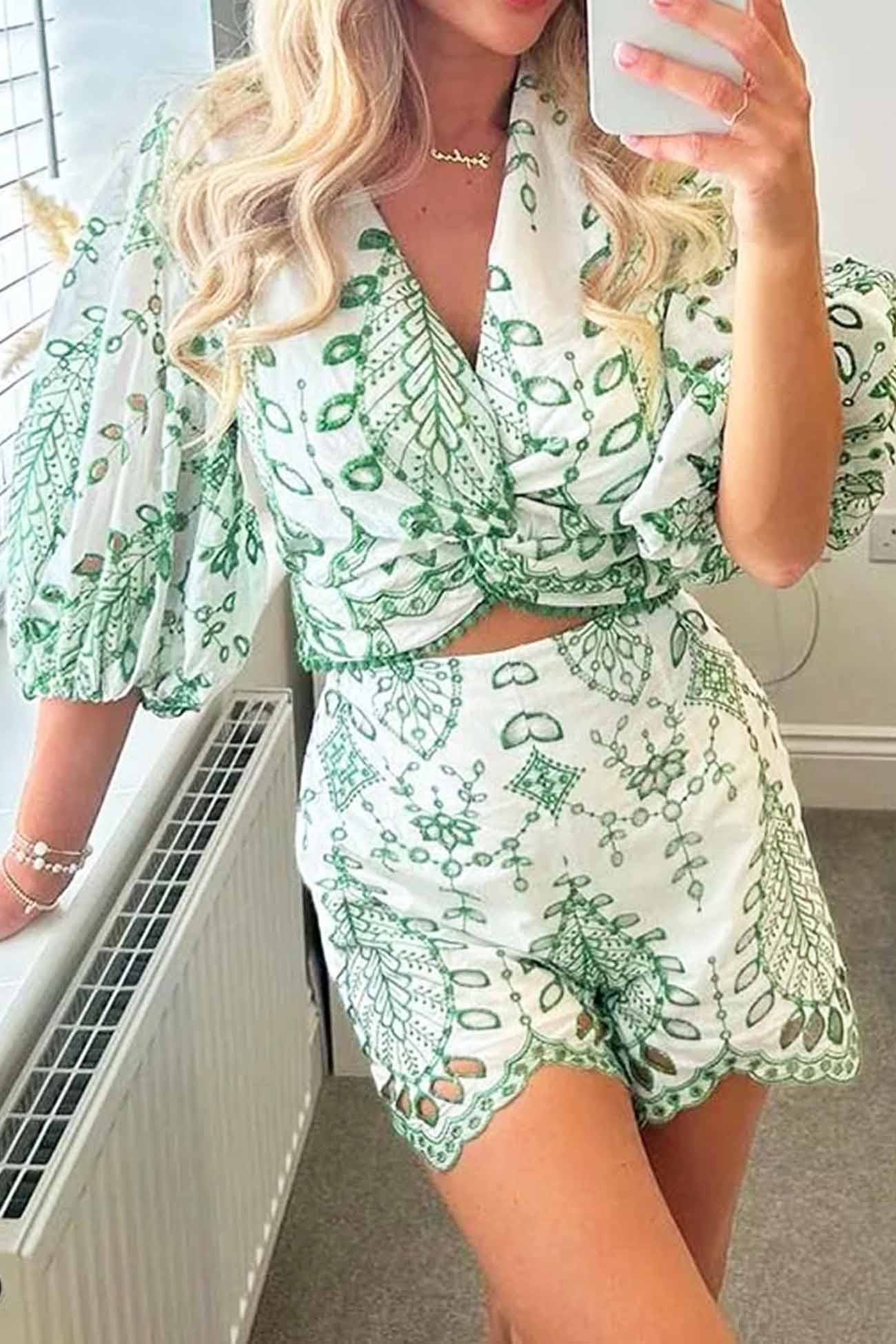 Women’s Crop Top and Shorts Set - Wrap V-Neck - Puff Sleeve - High Waist - Scalloped Hem
