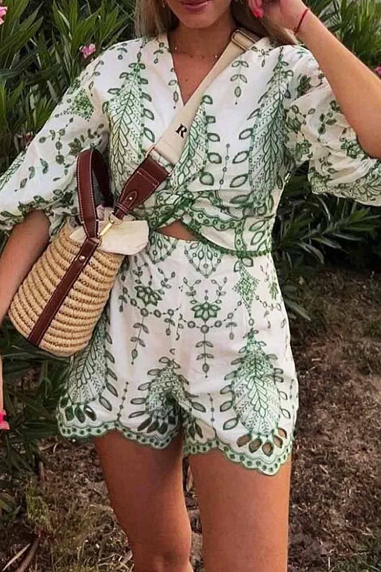 Women’s Crop Top and Shorts Set - Wrap V-Neck - Puff Sleeve - High Waist - Scalloped Hem